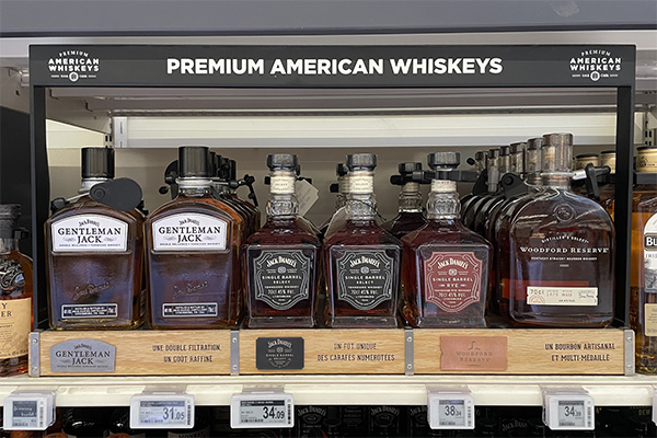 Shelf-on-shelf display for Jack Daniel’s premium American whiskeys lineup